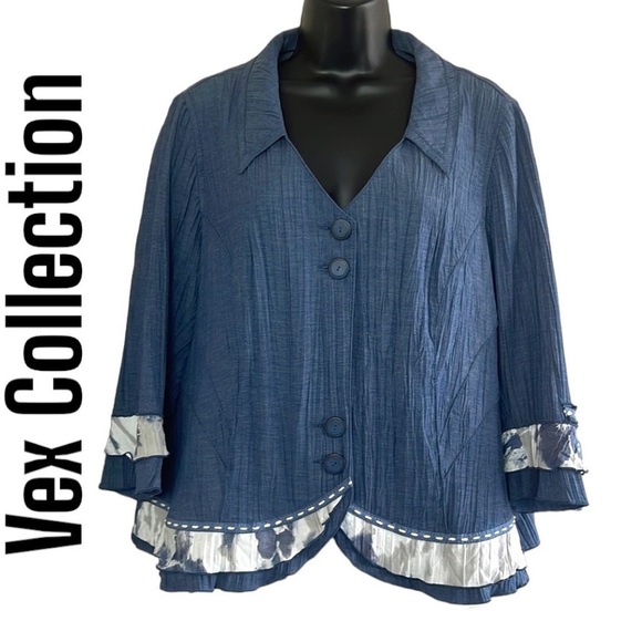Vintage🧚‍♀️Vex Collection Blue Denim Like Pleated Blazer Size EU 46 - Picture 1 of 12